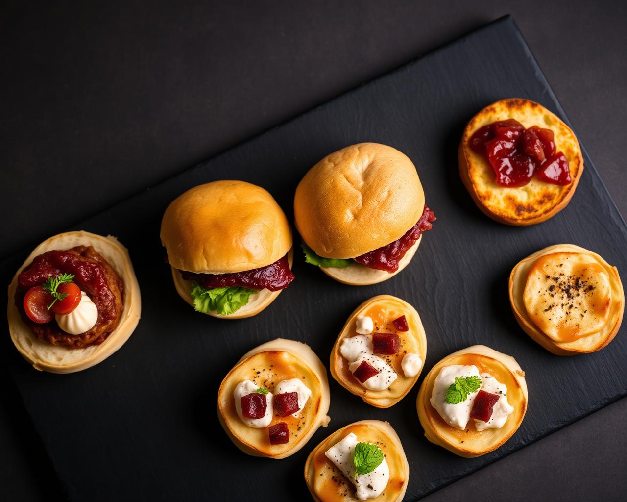 Sliders and flatbreads on slate board