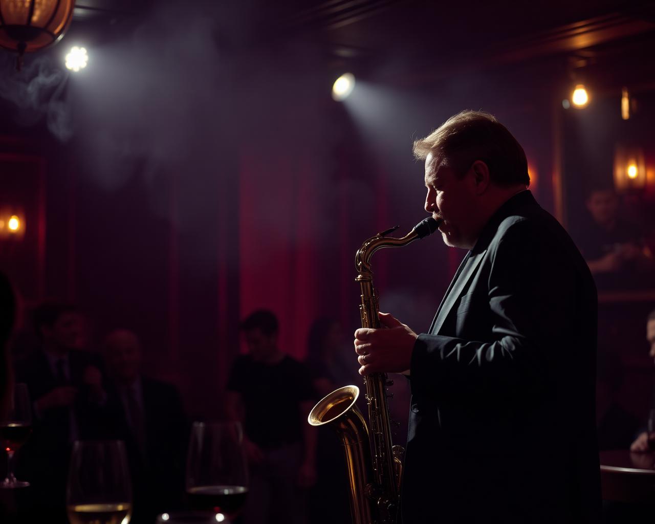 Saxophonist performing in dimly lit speakeasy