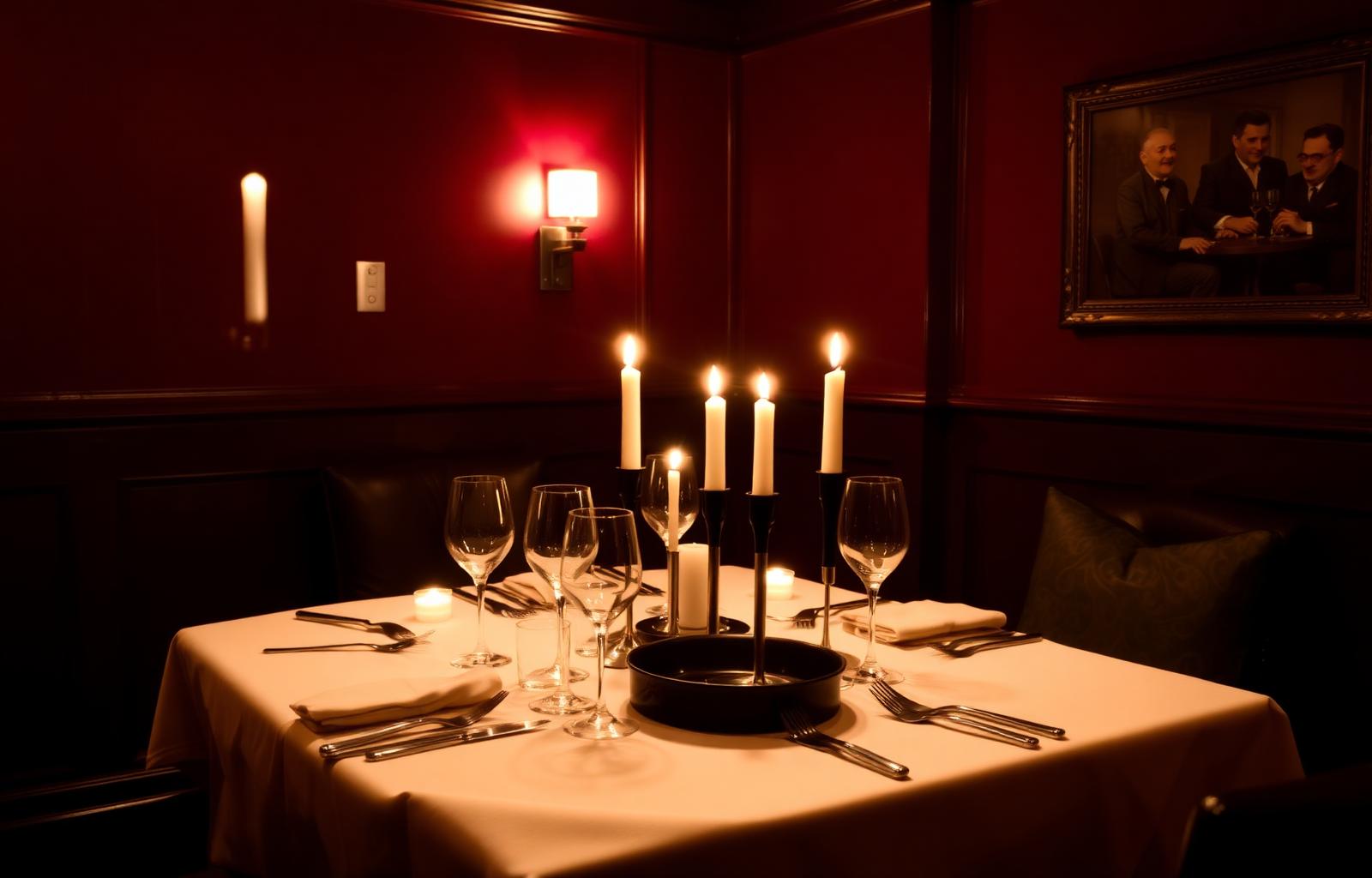 Candlelit private dining table in burgundy room