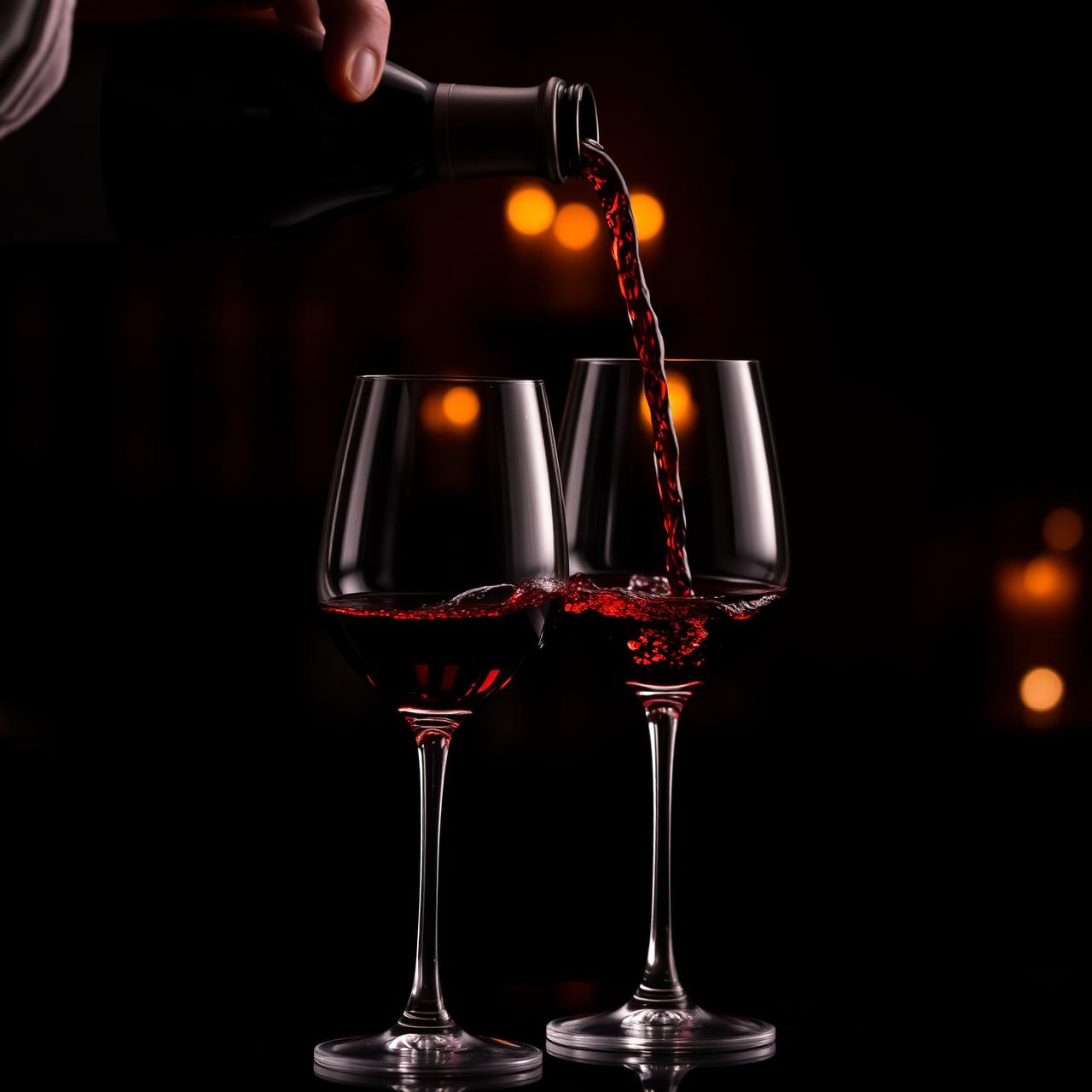 Red wine being poured into two glasses in a moody bar